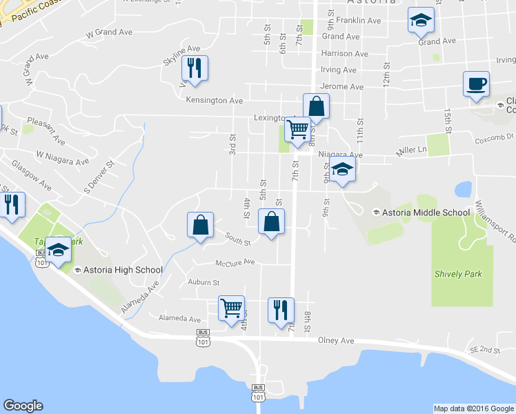 map of restaurants, bars, coffee shops, grocery stores, and more near 1547 5th Street in Astoria