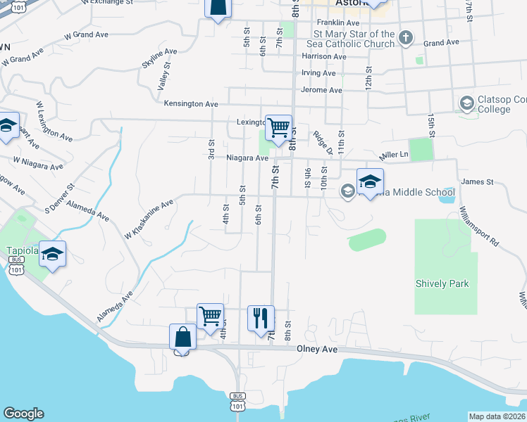 map of restaurants, bars, coffee shops, grocery stores, and more near 1536 6th Street in Astoria
