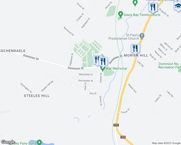 map of restaurants, bars, coffee shops, grocery stores, and more near 155 Mansfield Street in Glace Bay
