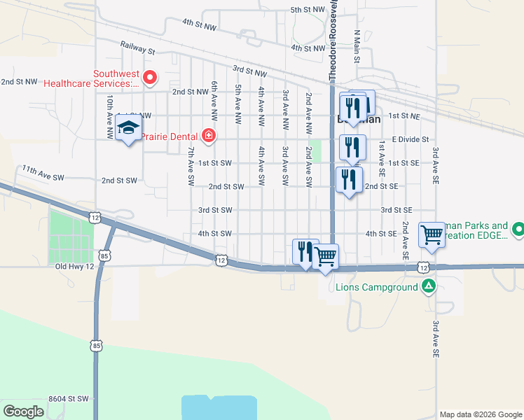 map of restaurants, bars, coffee shops, grocery stores, and more near 300 4th Avenue Southwest in Bowman