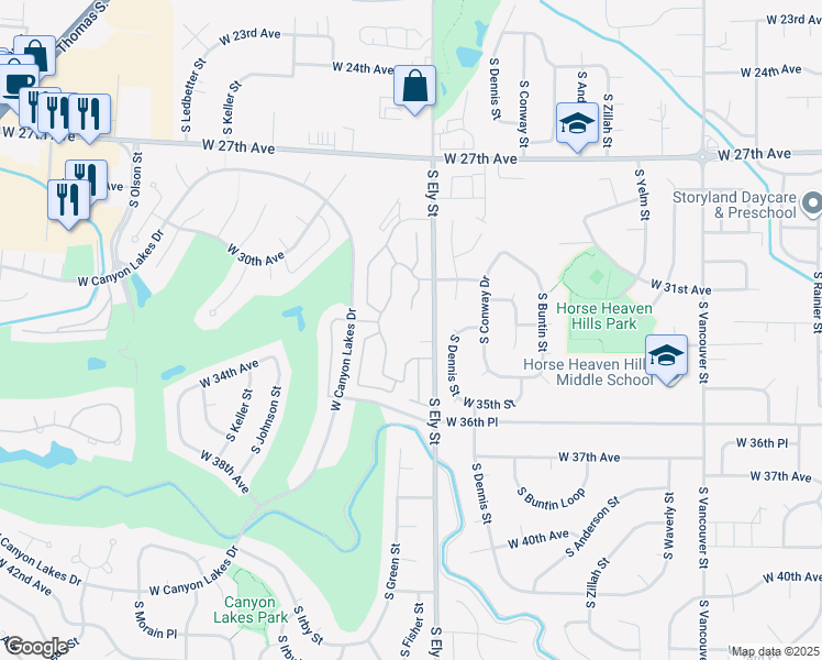 map of restaurants, bars, coffee shops, grocery stores, and more near 2802 West 35th Avenue in Kennewick