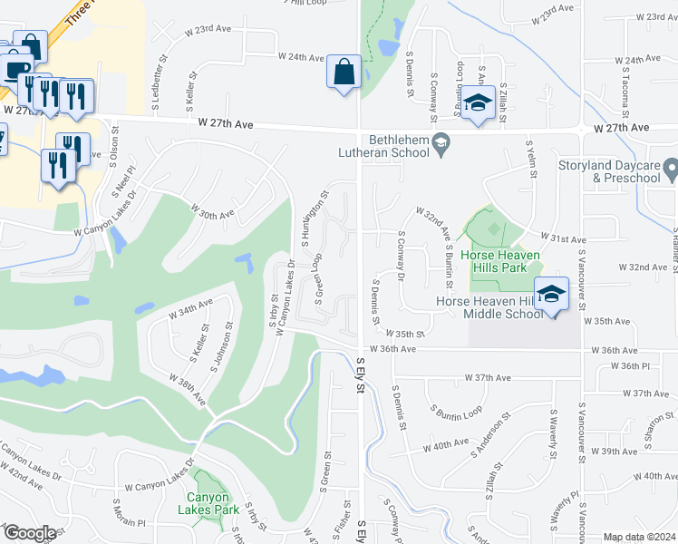 map of restaurants, bars, coffee shops, grocery stores, and more near 2802 West 35th Avenue in Kennewick