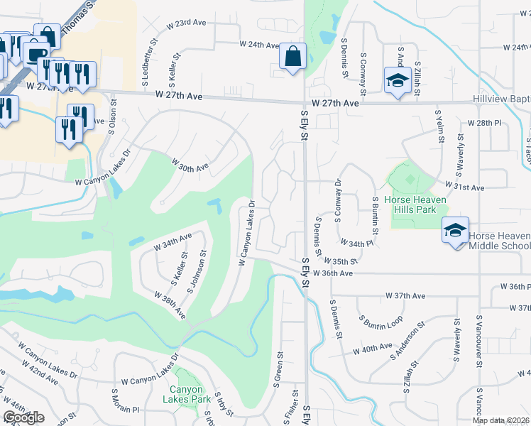 map of restaurants, bars, coffee shops, grocery stores, and more near 3409 South Huntington Loop in Kennewick
