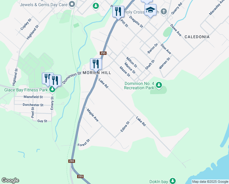 map of restaurants, bars, coffee shops, grocery stores, and more near 153 Lake Road in Glace Bay