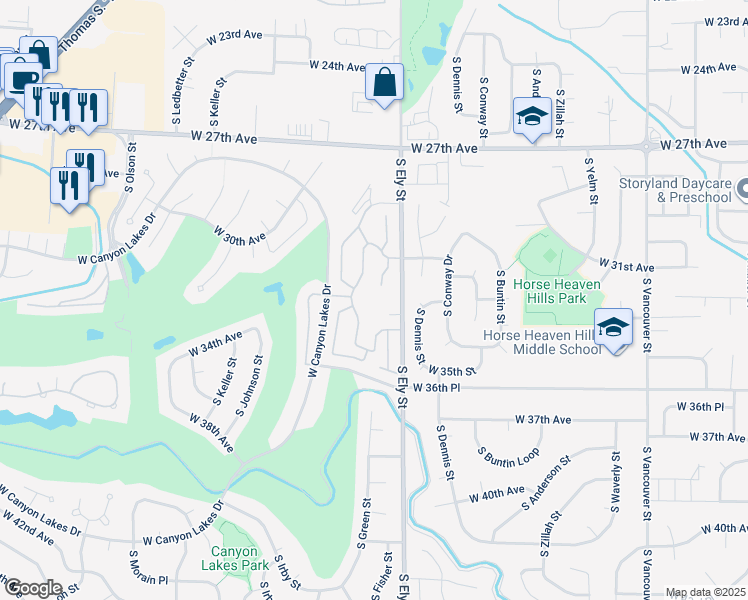 map of restaurants, bars, coffee shops, grocery stores, and more near 2802 West 35th Avenue in Kennewick