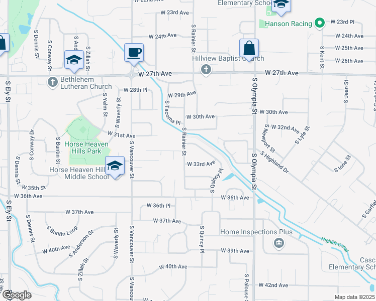 map of restaurants, bars, coffee shops, grocery stores, and more near 3109 South Rainier Street in Kennewick
