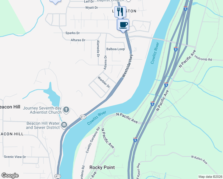 map of restaurants, bars, coffee shops, grocery stores, and more near 1277 Westside Highway in Kelso