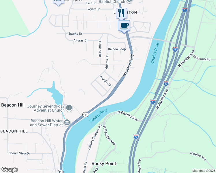 map of restaurants, bars, coffee shops, grocery stores, and more near 53 Warbler Drive in Kelso