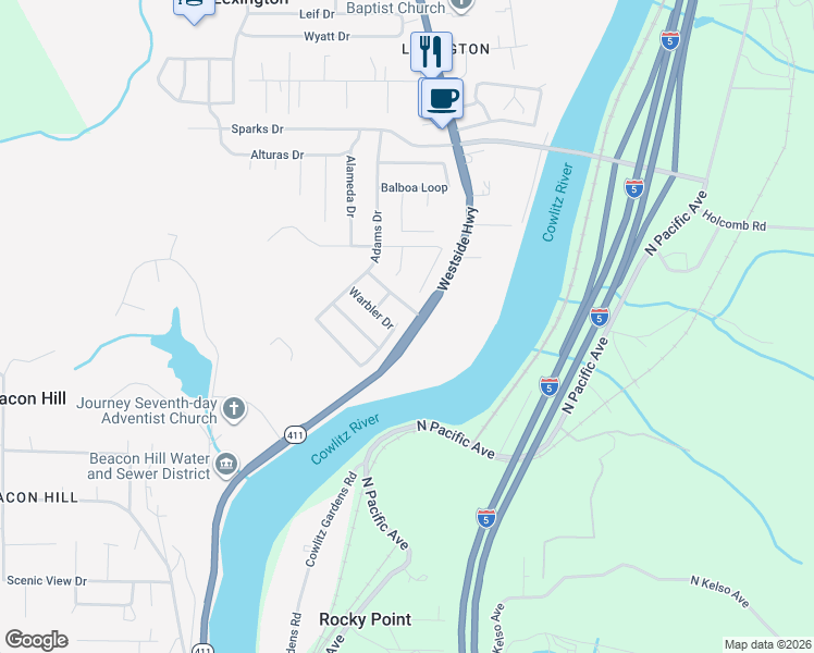 map of restaurants, bars, coffee shops, grocery stores, and more near 220 Blue Jay Court in Kelso