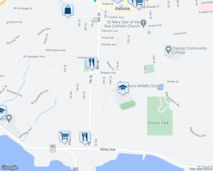 map of restaurants, bars, coffee shops, grocery stores, and more near 940 Klaskanine Avenue in Astoria