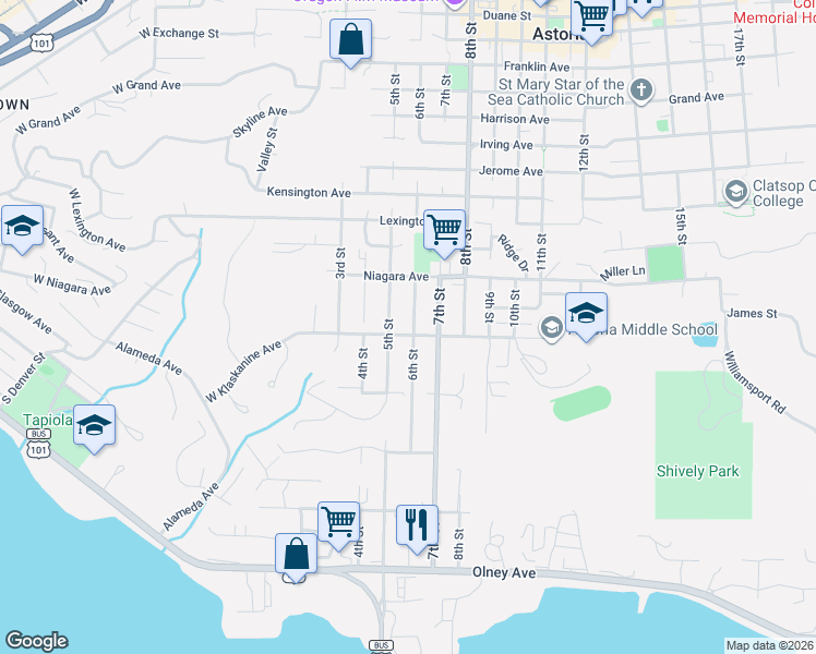 map of restaurants, bars, coffee shops, grocery stores, and more near 1495 6th Street in Astoria