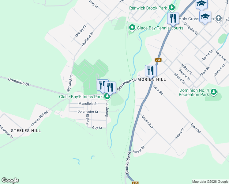 map of restaurants, bars, coffee shops, grocery stores, and more near 33 Dominion Street in Glace Bay
