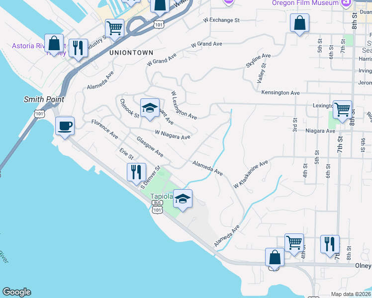 map of restaurants, bars, coffee shops, grocery stores, and more near 325 West Niagara Avenue in Astoria