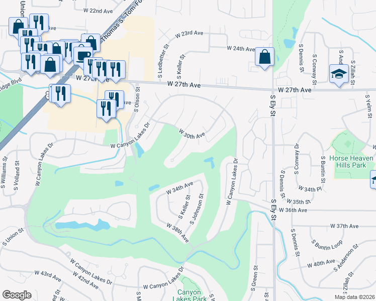 map of restaurants, bars, coffee shops, grocery stores, and more near 3103 S Johnson Pl in Kennewick