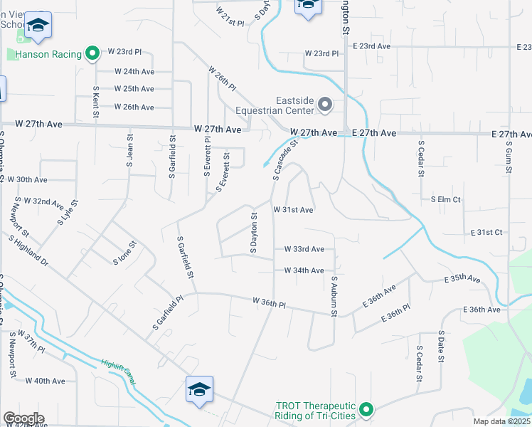 map of restaurants, bars, coffee shops, grocery stores, and more near 3014 South Cascade Street in Kennewick