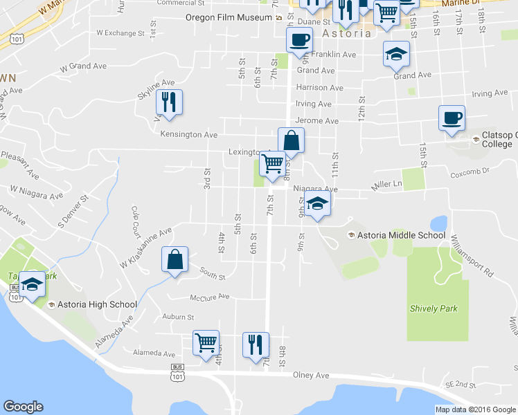 map of restaurants, bars, coffee shops, grocery stores, and more near 1454 6th St in Astoria