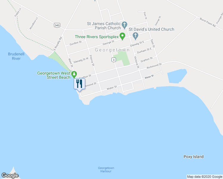 map of restaurants, bars, coffee shops, grocery stores, and more near 44 Water Street in Georgetown