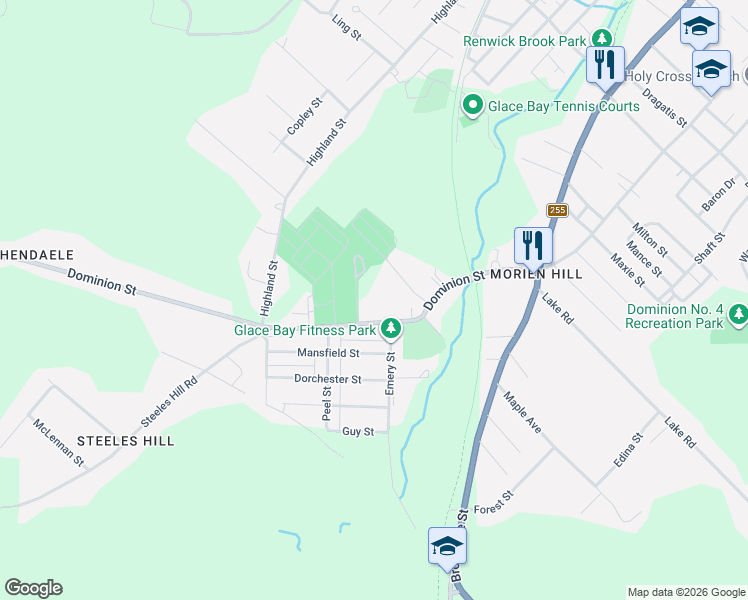 map of restaurants, bars, coffee shops, grocery stores, and more near 61 Dominion Street in Glace Bay