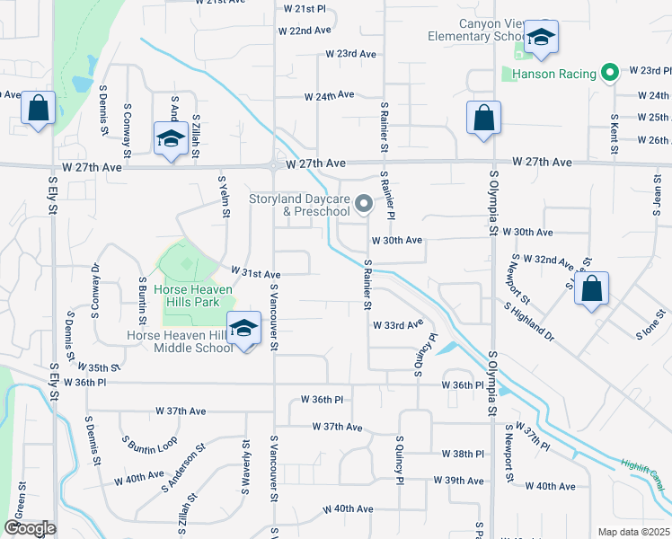 map of restaurants, bars, coffee shops, grocery stores, and more near 1910 West 31st Avenue in Kennewick