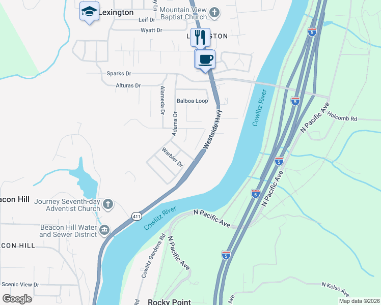 map of restaurants, bars, coffee shops, grocery stores, and more near 220 Blue Jay Court in Kelso