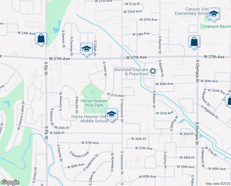 map of restaurants, bars, coffee shops, grocery stores, and more near 2104 West 31st Avenue in Kennewick