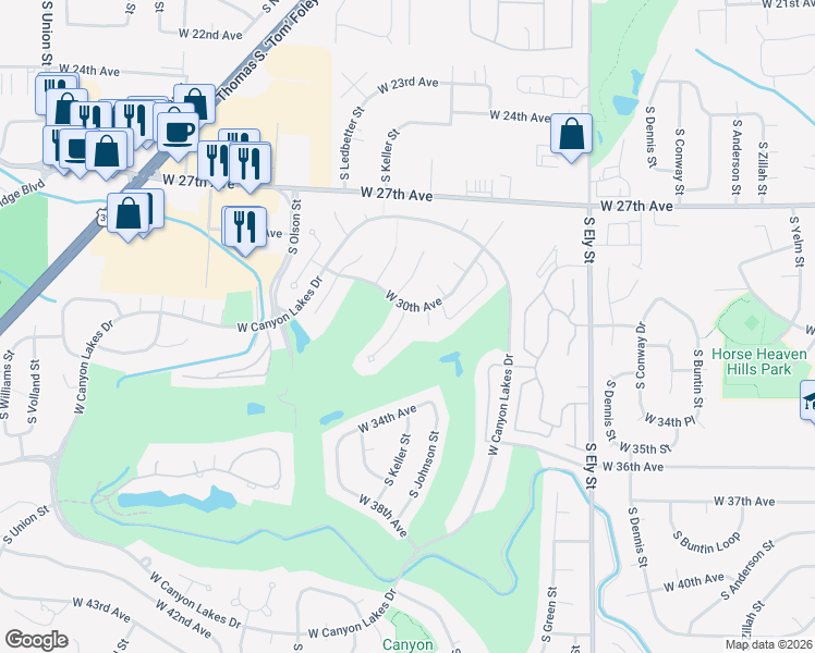 map of restaurants, bars, coffee shops, grocery stores, and more near 3103 S Johnson Pl in Kennewick