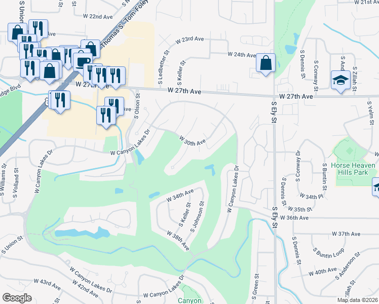 map of restaurants, bars, coffee shops, grocery stores, and more near 3103 South Johnson Place in Kennewick