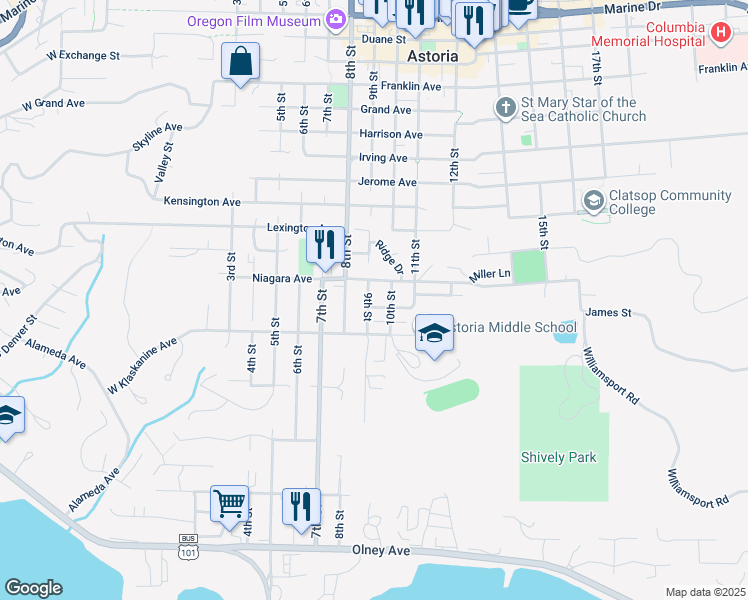 map of restaurants, bars, coffee shops, grocery stores, and more near 922 James Street in Astoria