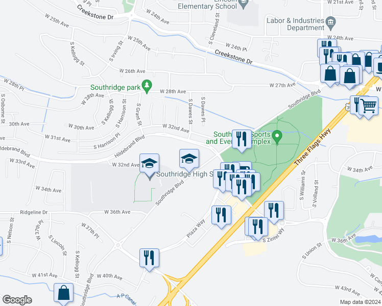 map of restaurants, bars, coffee shops, grocery stores, and more near 5207 Hildebrand Boulevard in Kennewick