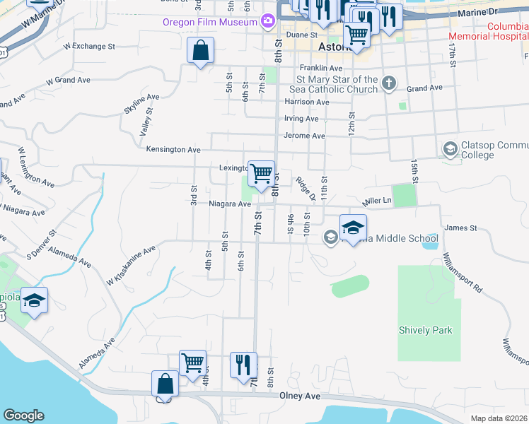 map of restaurants, bars, coffee shops, grocery stores, and more near 725 Niagara Avenue in Astoria
