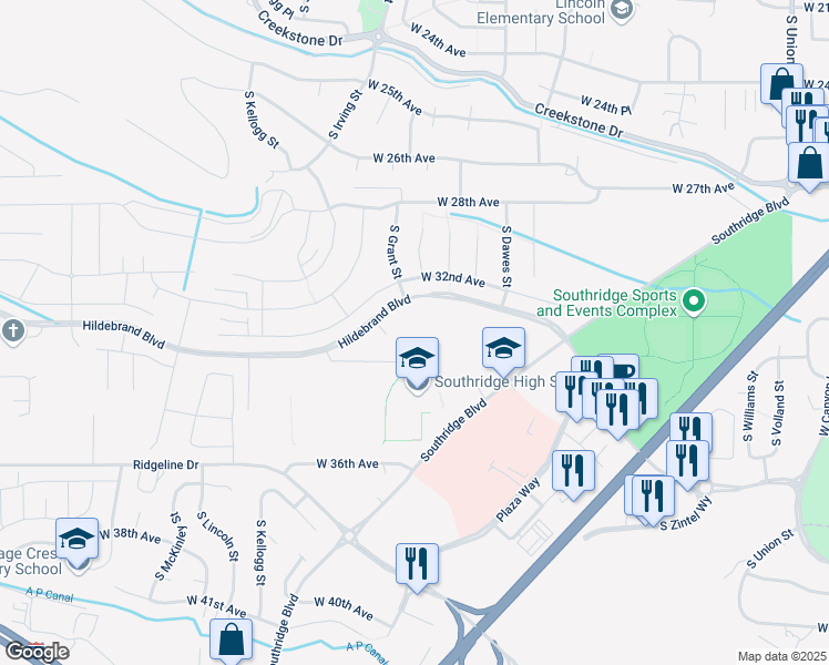 map of restaurants, bars, coffee shops, grocery stores, and more near 5501 West Hildebrand Boulevard in Kennewick
