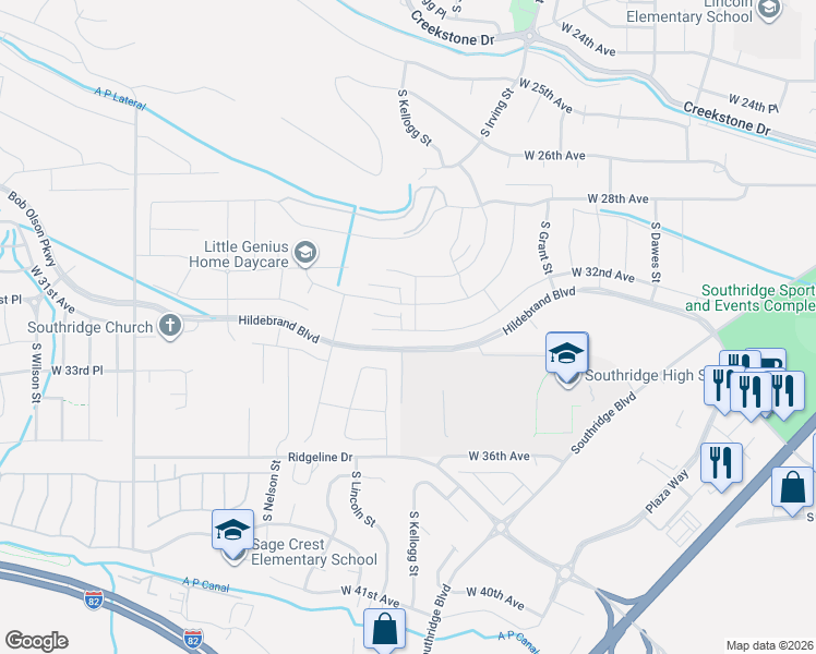 map of restaurants, bars, coffee shops, grocery stores, and more near Hildebrand Boulevard in Kennewick
