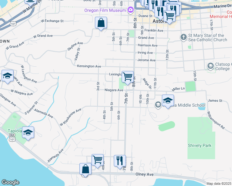 map of restaurants, bars, coffee shops, grocery stores, and more near 1454 6th Street in Astoria
