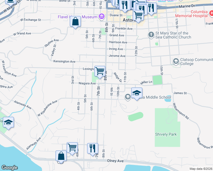 map of restaurants, bars, coffee shops, grocery stores, and more near 725 Niagara Avenue in Astoria
