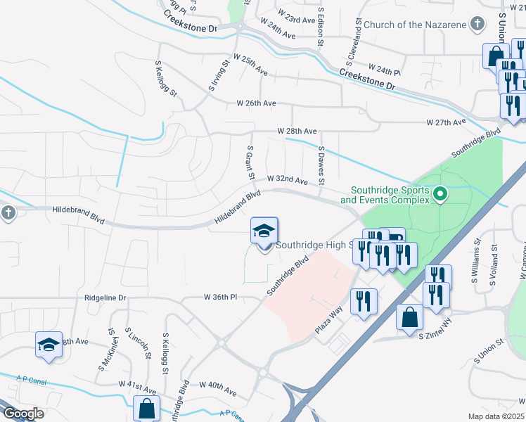 map of restaurants, bars, coffee shops, grocery stores, and more near 5501 West Hildebrand Boulevard in Kennewick