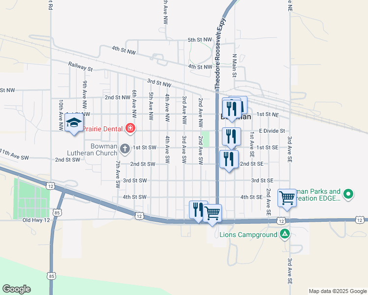 map of restaurants, bars, coffee shops, grocery stores, and more near 98 3rd Avenue Southwest in Bowman