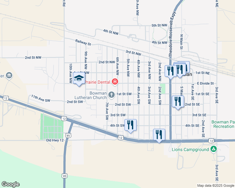 map of restaurants, bars, coffee shops, grocery stores, and more near 98 6th Avenue Southwest in Bowman