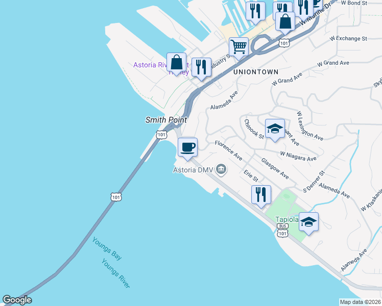 map of restaurants, bars, coffee shops, grocery stores, and more near 600-648 W Marine Dr in Astoria