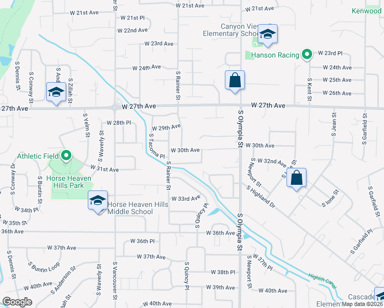 map of restaurants, bars, coffee shops, grocery stores, and more near 1710 West 30th Place in Kennewick