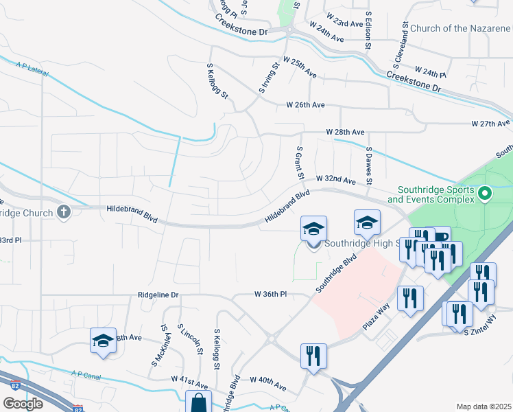 map of restaurants, bars, coffee shops, grocery stores, and more near 2934 South Kellogg Street in Kennewick