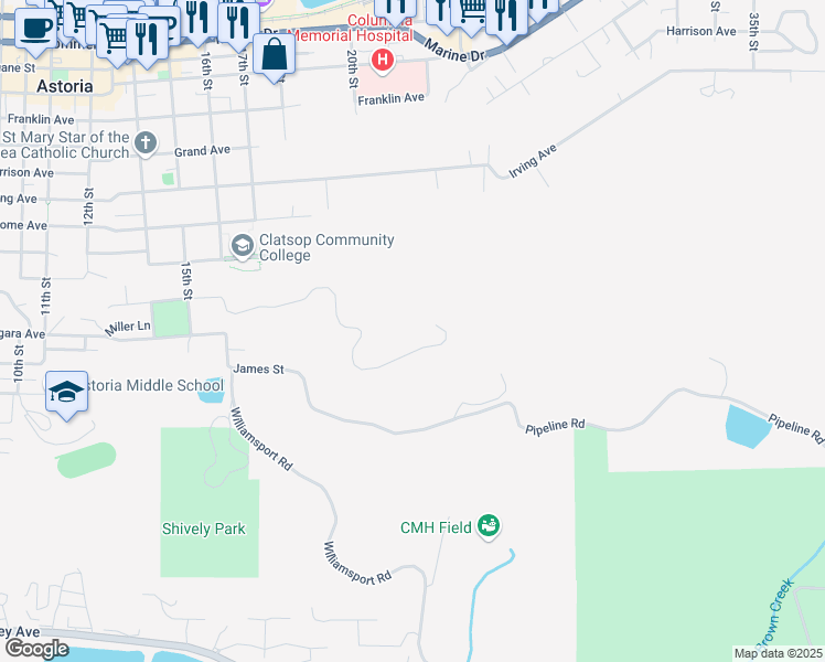 map of restaurants, bars, coffee shops, grocery stores, and more near 1 Coxcomb Drive in Astoria
