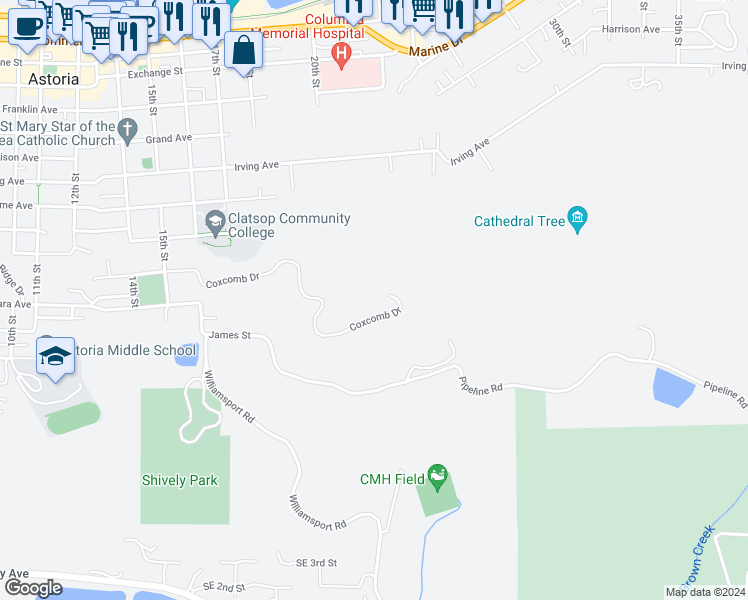 map of restaurants, bars, coffee shops, grocery stores, and more near 1 Coxcomb Drive in Astoria