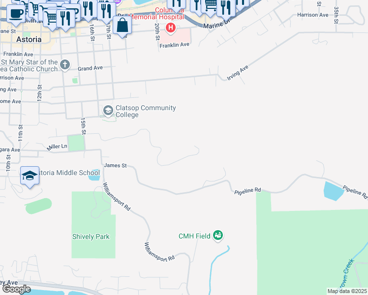 map of restaurants, bars, coffee shops, grocery stores, and more near 1 Coxcomb Drive in Astoria