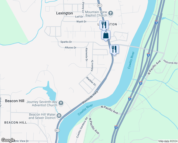 map of restaurants, bars, coffee shops, grocery stores, and more near 212 Adams Drive in Kelso