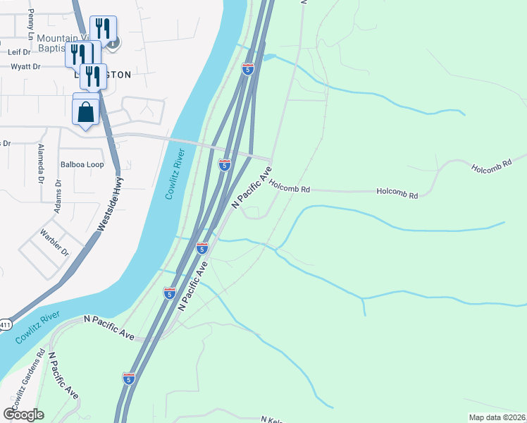 map of restaurants, bars, coffee shops, grocery stores, and more near 2134 Holcomb Loop Road in Kelso