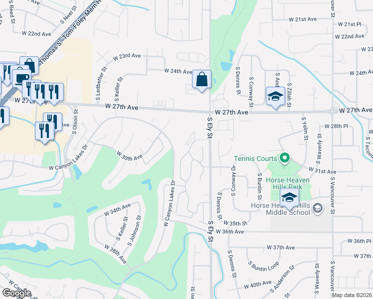 map of restaurants, bars, coffee shops, grocery stores, and more near 3212 South Huntington Street in Kennewick