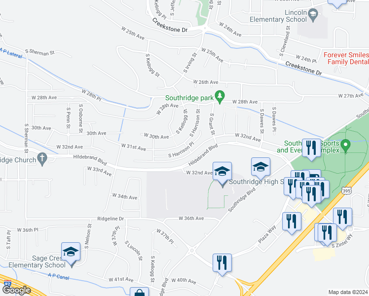 map of restaurants, bars, coffee shops, grocery stores, and more near 3146 South Grant Street in Kennewick