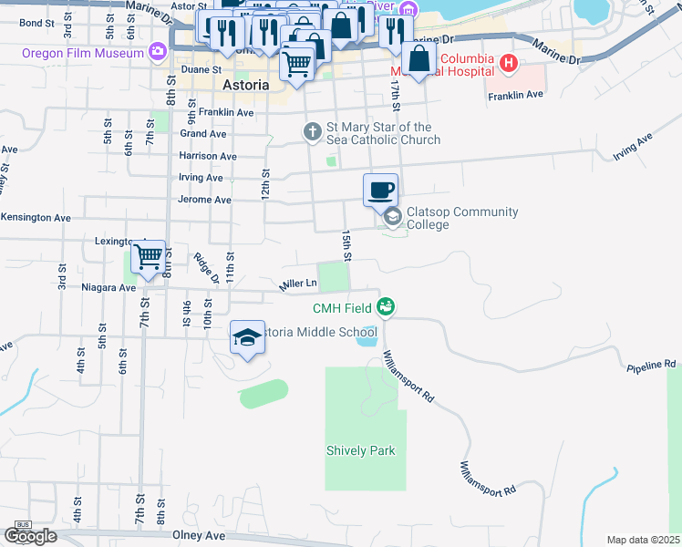 map of restaurants, bars, coffee shops, grocery stores, and more near in Astoria