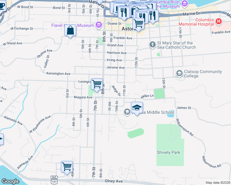 map of restaurants, bars, coffee shops, grocery stores, and more near 999 Ridge Drive in Astoria