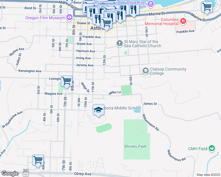 map of restaurants, bars, coffee shops, grocery stores, and more near 1307 Madison Avenue in Astoria